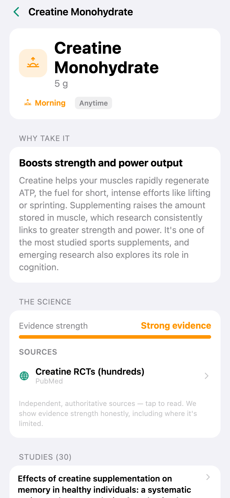 Supplement detail with an evidence-strength meter and study list