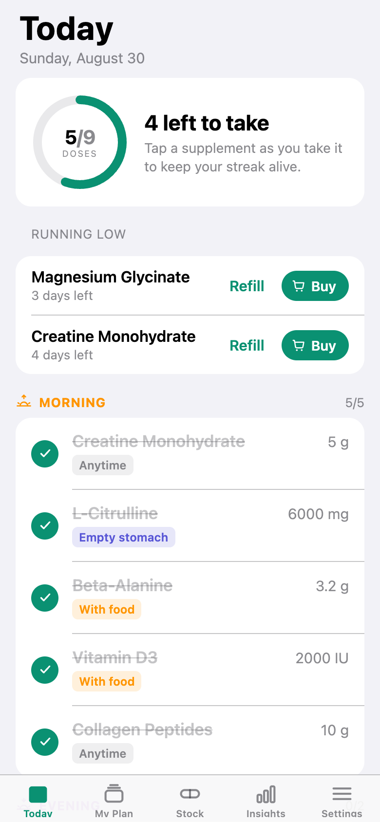 The VitIQ Today screen showing the day's supplement doses